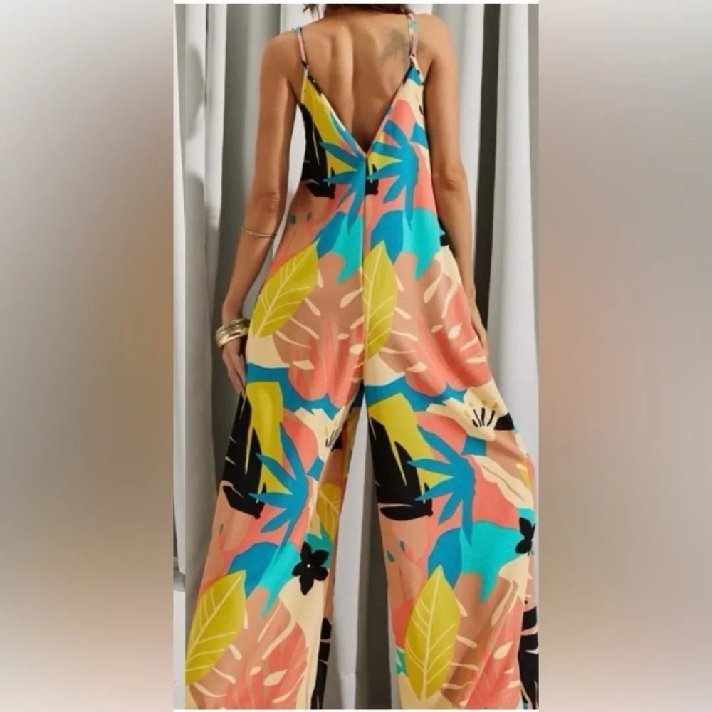 LUUKSE Tropical Print Wide-Leg Romper Jumpsuit Sz-Small - Picture 4 of 6